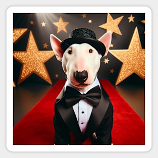 Happy bull terrier wearing tuxedo and hat in front of stars Magnet